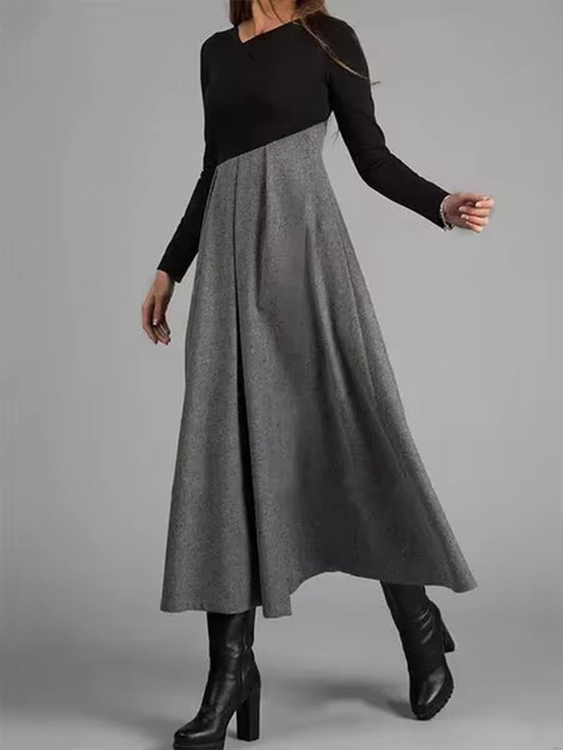 Loose Dress Women'S Clothing 2023 Autumn and Winter Fashion Contrast V-Neck Long Skirt Patchwork Dress Elegant Longuette Female