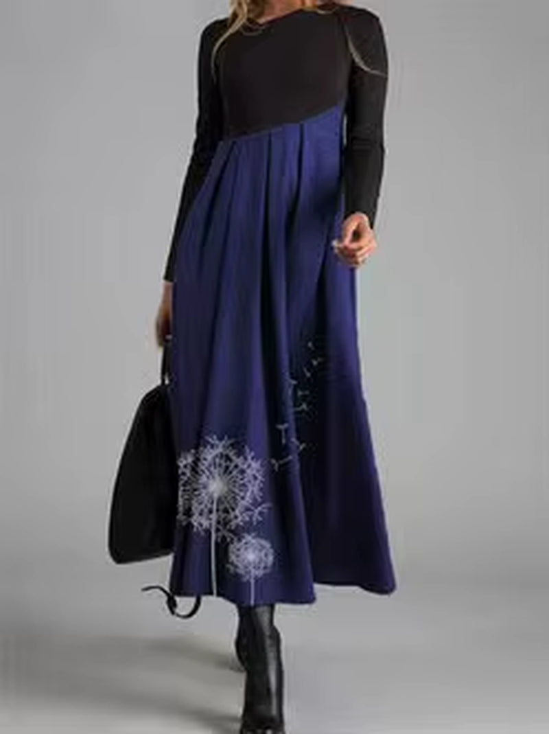 Loose Dress Women'S Clothing 2023 Autumn and Winter Fashion Contrast V-Neck Long Skirt Patchwork Dress Elegant Longuette Female