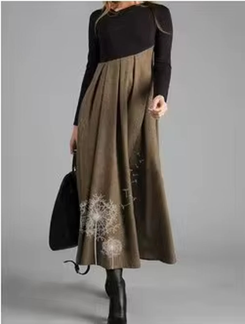 Loose Dress Women'S Clothing 2023 Autumn and Winter Fashion Contrast V-Neck Long Skirt Patchwork Dress Elegant Longuette Female