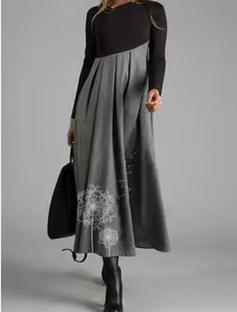 Loose Dress Women'S Clothing 2023 Autumn and Winter Fashion Contrast V-Neck Long Skirt Patchwork Dress Elegant Longuette Female