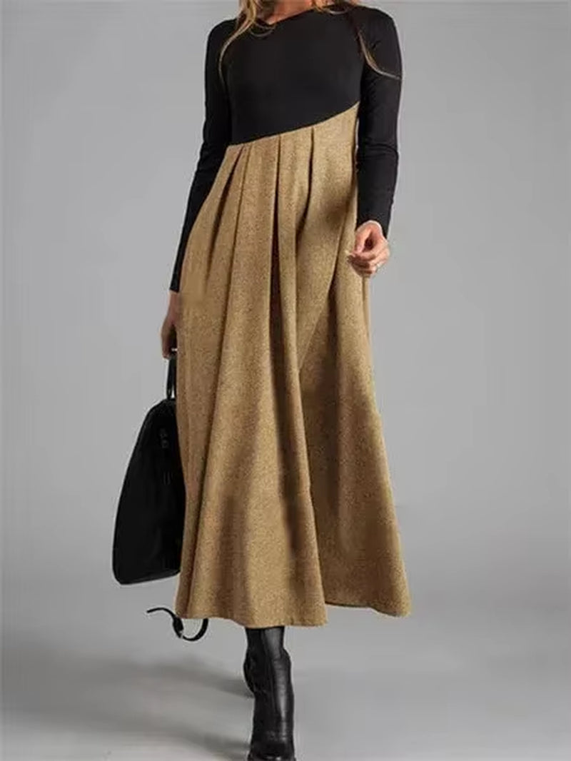 Loose Dress Women'S Clothing 2023 Autumn and Winter Fashion Contrast V-Neck Long Skirt Patchwork Dress Elegant Longuette Female