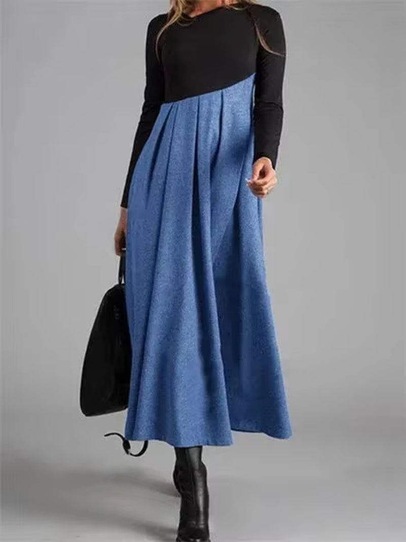Loose Dress Women'S Clothing 2023 Autumn and Winter Fashion Contrast V-Neck Long Skirt Patchwork Dress Elegant Longuette Female
